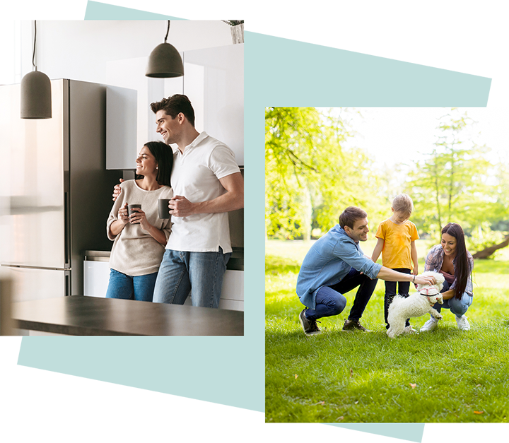 Collage of images showing a young couple in a new home and a young family in an outdoor setting.
